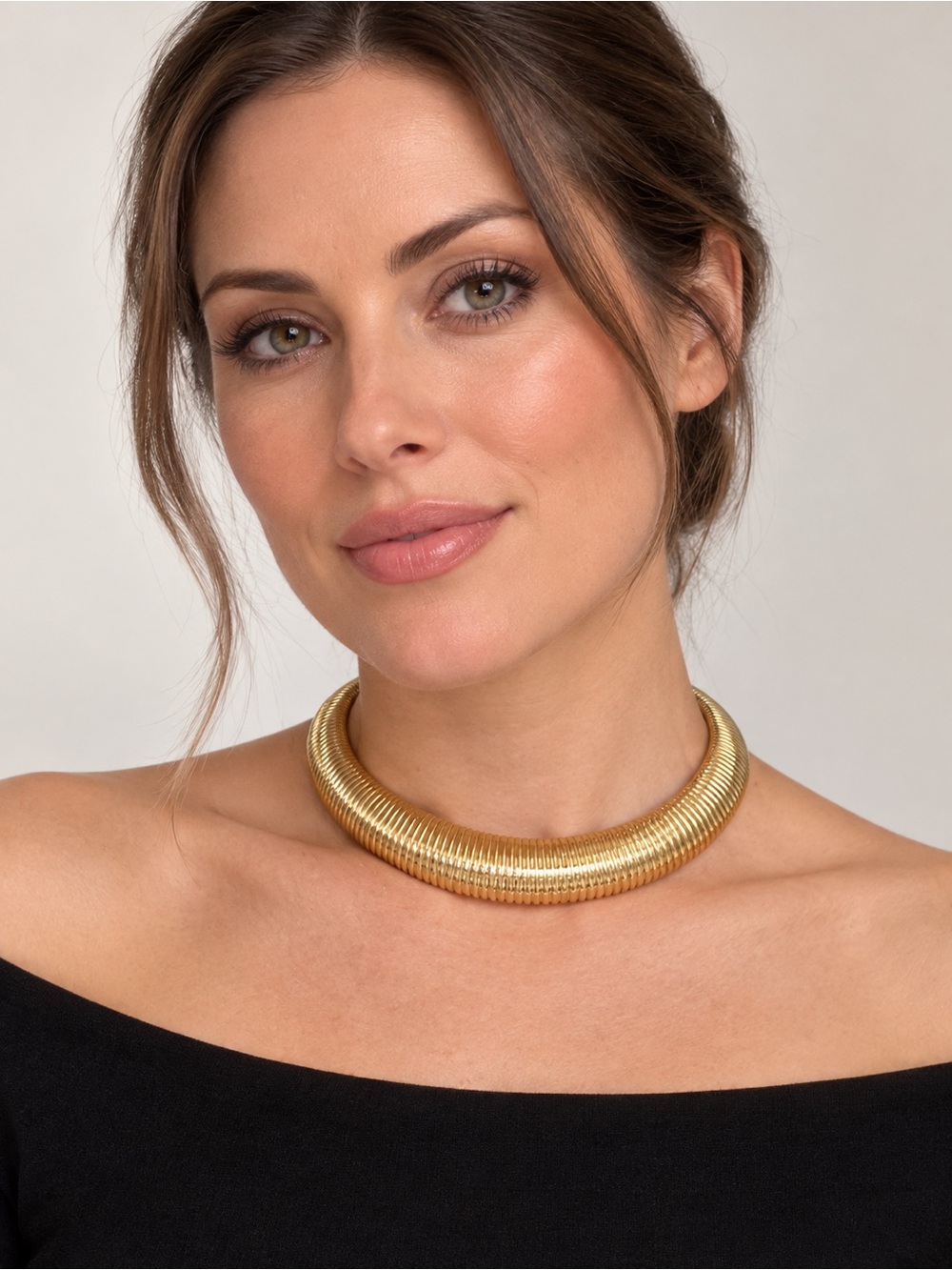 Vintage Monet Gold Tone Ribbed Collar Necklace Signed Statement Choker